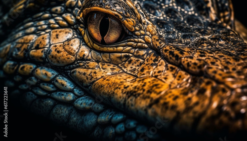 Spotted reptile skin, close up of crocodile head and teeth generated by AI