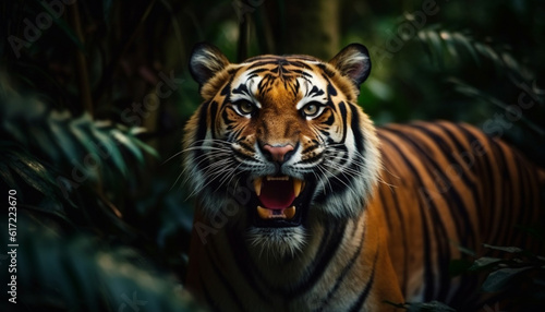 Bengal tiger staring fiercely, its striped fur a majestic pattern generated by AI