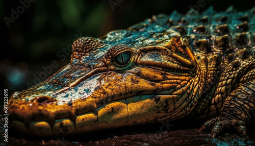 Spectacled caiman  dangerous reptile with sharp teeth in tropical forest generated by AI