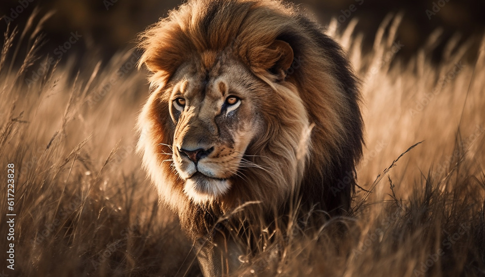 Majestic lion walking in the savannah, hiding in plain sight generated by AI Majestic lion walking in the savannah, hiding in plain sight generated by AI