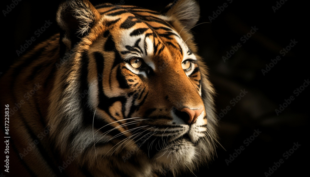 Bengal tiger staring with aggression, majestic beauty in nature tranquility generated by AI Bengal tiger staring with aggression, majestic beauty in nature tranquility generated by AI