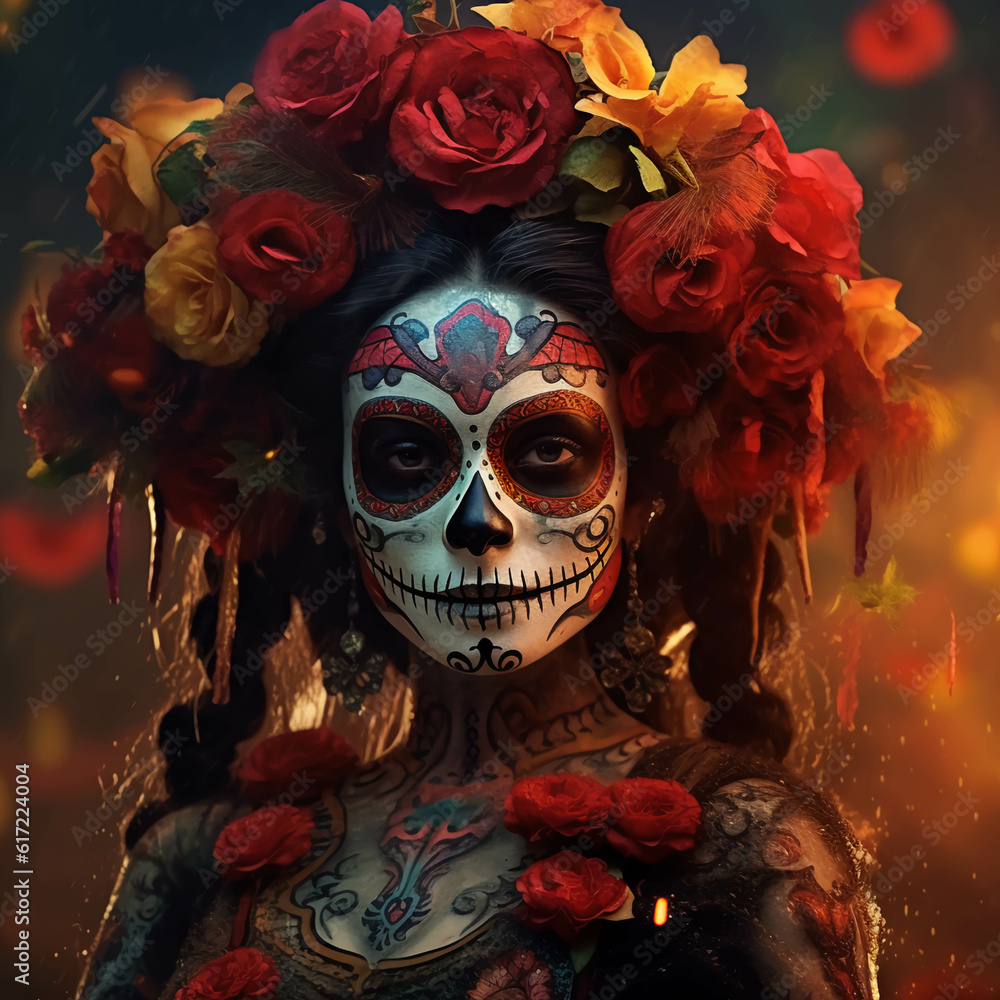 Mujer Catrina, colorido Tradicional, dia de muertos. ia generada
