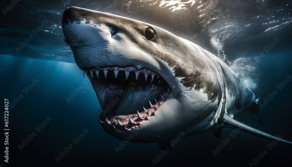 Obraz premium Majestic giant underwater reptile with sharp teeth and open mouth generated by AI