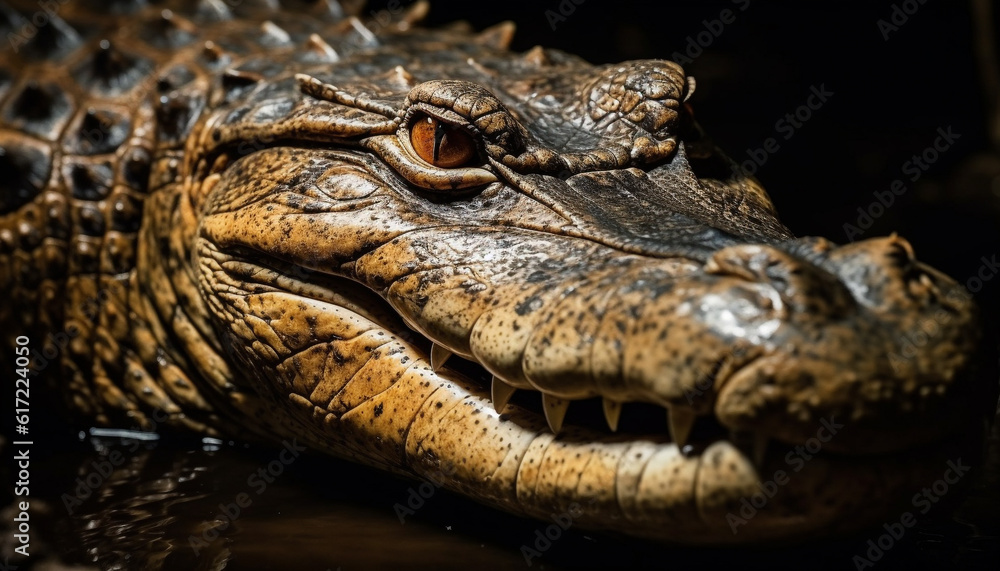 Obraz premium Crocodile head close up, dangerous teeth, in dark swamp generated by AI
