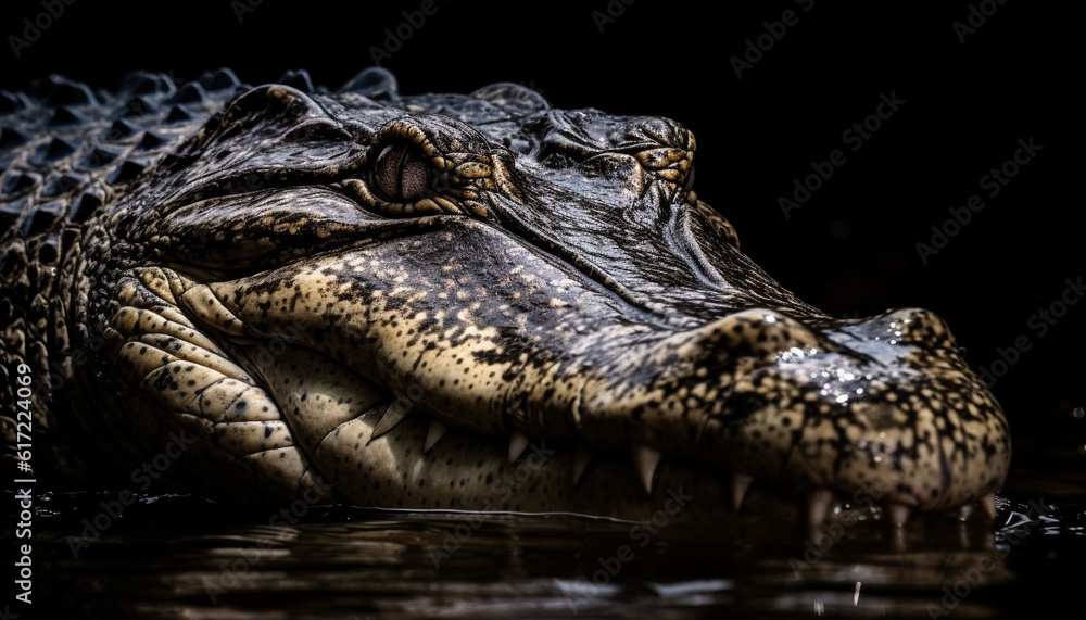 Large crocodile head with dangerous teeth in close up view generated by AI Large crocodile head with dangerous teeth in close up view generated by AI