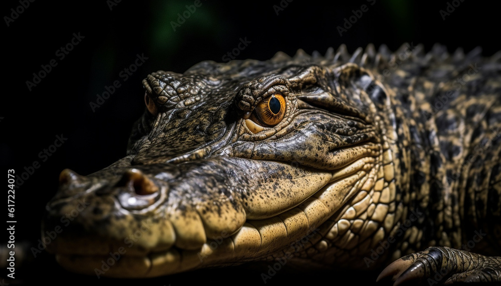 Fototapeta premium Yellow crocodile teeth and scales in close up portrait generated by AI