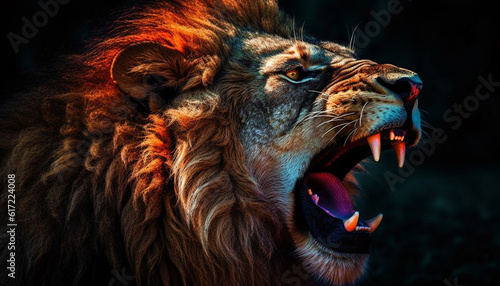 Majestic lion roaring with fury, showing sharp teeth and tongue generated by AI