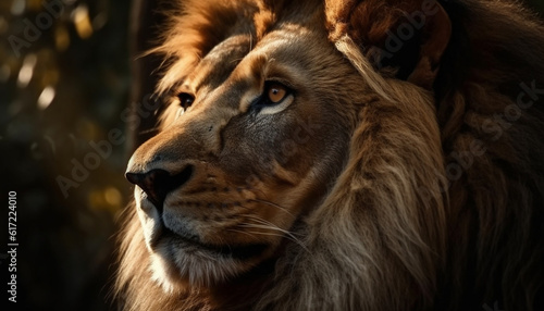 Majestic lion staring at camera  fur and mane in focus generated by AI