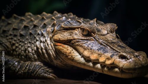 Large alligator head with dangerous teeth in wet swamp habitat generated by AI