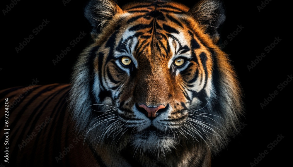 Majestic Bengal tiger staring at camera in African wildlife reserve generated by AI