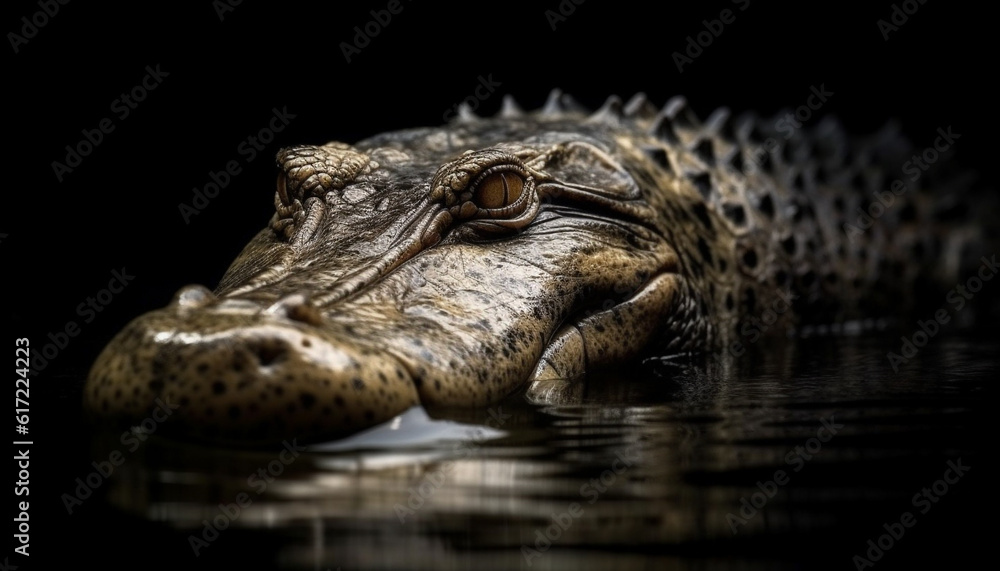 Fototapeta premium Crocodile head close up, teeth exposed, dangerous predator in nature generated by AI