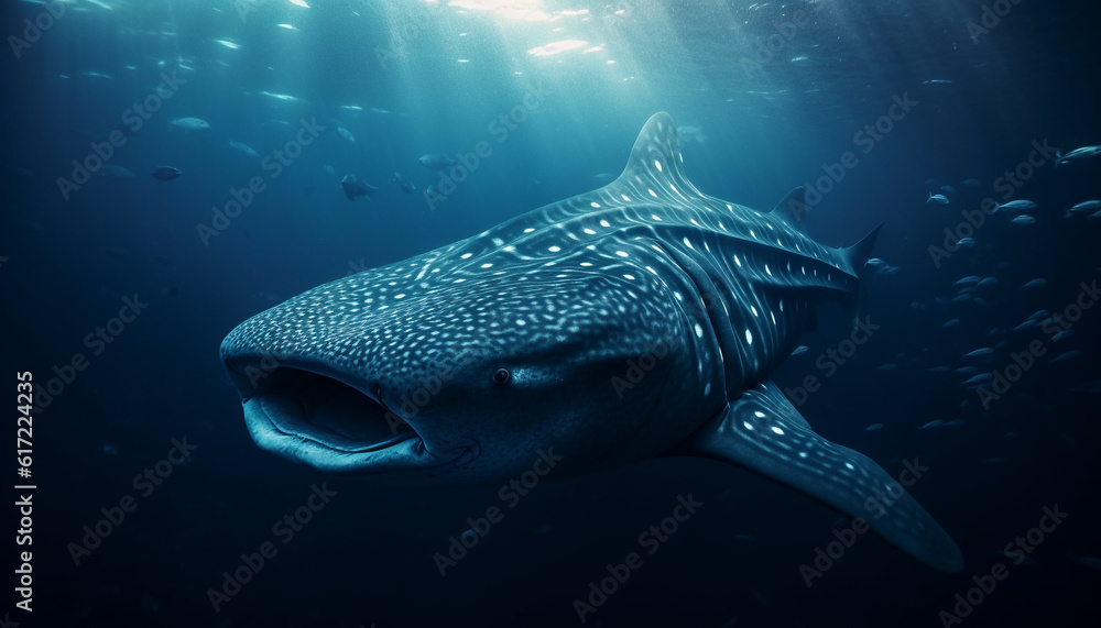 Naklejka premium Majestic whale shark swimming in tropical reef with sea life generated by AI