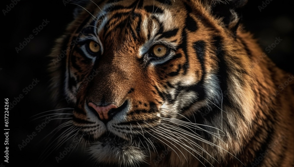 Naklejka premium Bengal tiger staring, majestic beauty in nature tropical rainforest generated by AI