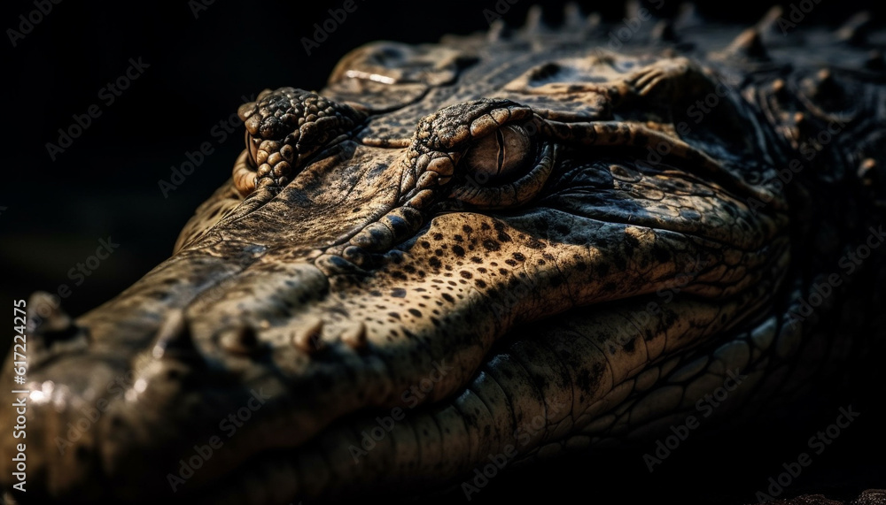 Aggressive crocodile wet portrait, focus on teeth and eye generated by AI Aggressive crocodile wet portrait, focus on teeth and eye generated by AI