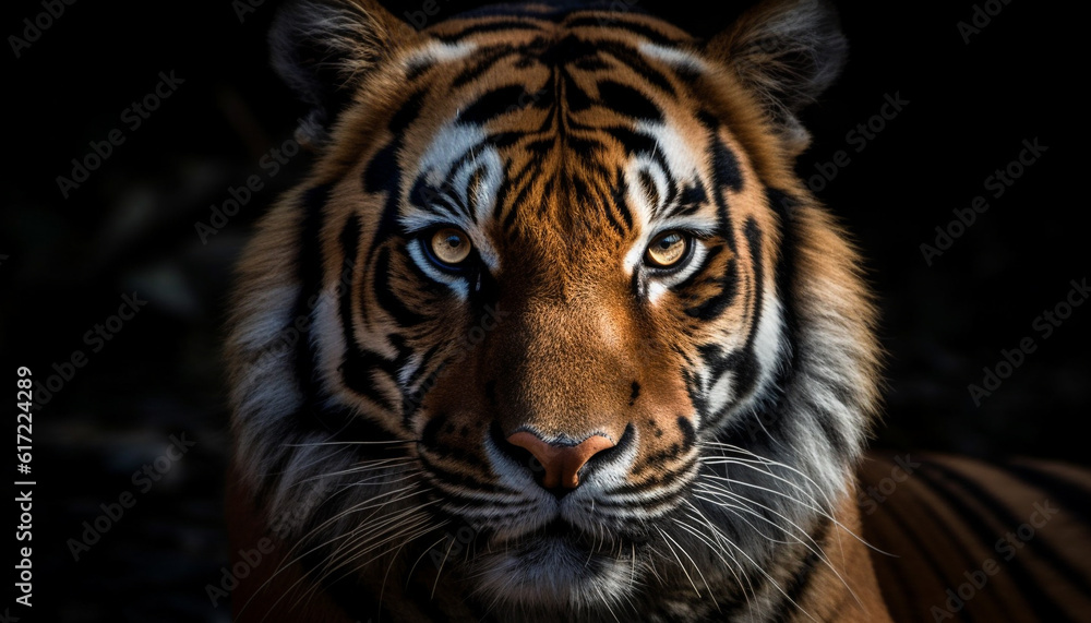 Naklejka premium Close up portrait of majestic Bengal tiger staring fiercely outdoors generated by AI