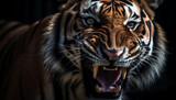 Aggressive Bengal tiger staring fiercely with sharp teeth in jungle generated by AI