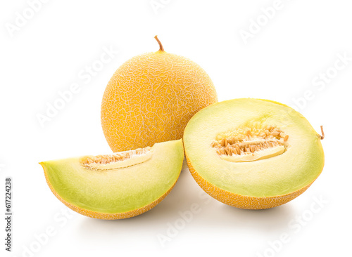 Sweet melon with pieces on white background