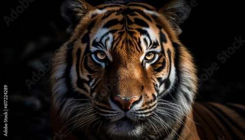 Close up portrait of majestic Bengal tiger staring fiercely outdoors generated by AI © djvstock