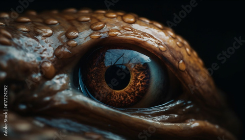 Animal eye staring, selective focus on foreground, black background spooky generated by AI