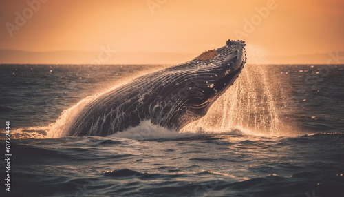 Sunset over the coastline, humpback whale breaching in the spray generated by AI © djvstock