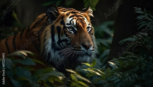 Majestic Bengal tiger staring with aggression in tropical rainforest generated by AI
