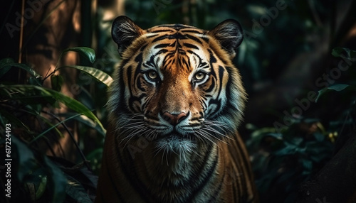 Bengal tiger staring  close up portrait of majestic wildcat walking generated by AI