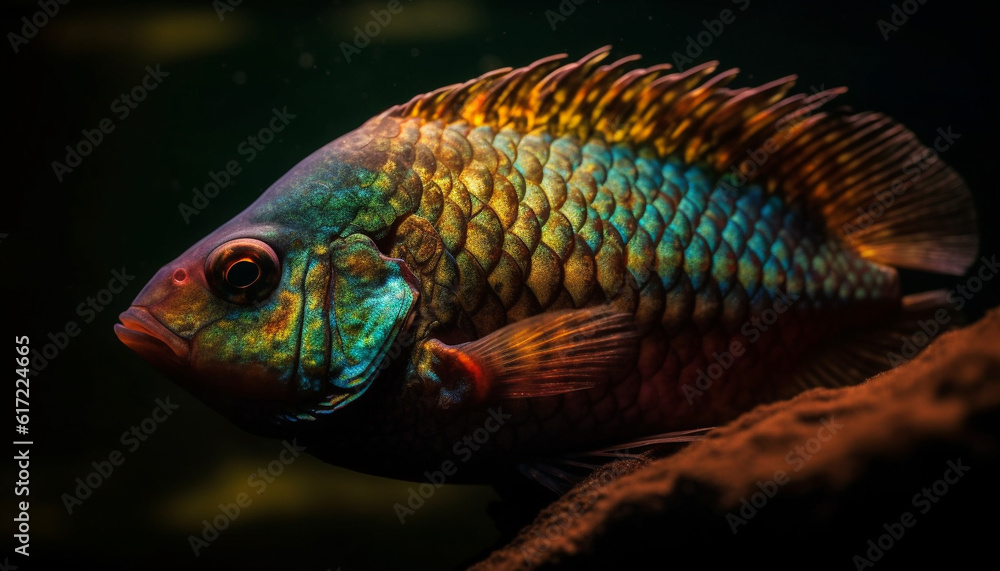 Multi colored fish in tropical reef, close up underwater scuba diving generated by AI Multi colored fish in tropical reef, close up underwater scuba diving generated by AI