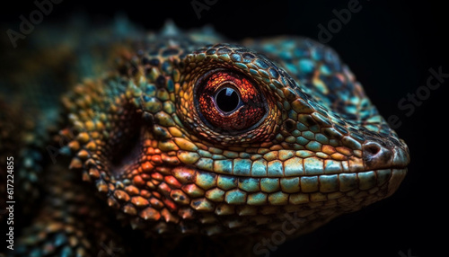 Multi colored gecko tail scales pattern in tropical rainforest background generated by AI