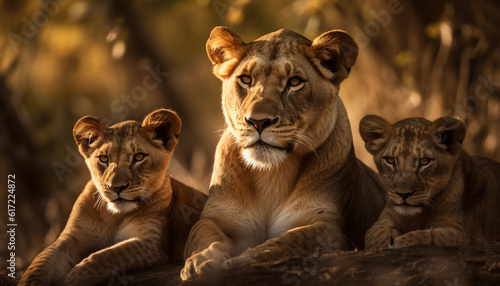 Lioness and cubs in the savannah, majestic beauty in nature generated by AI