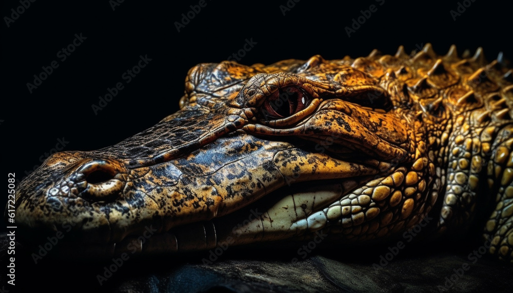 Naklejka premium Yellow spectacled caiman teeth and eye in close up portrait generated by AI