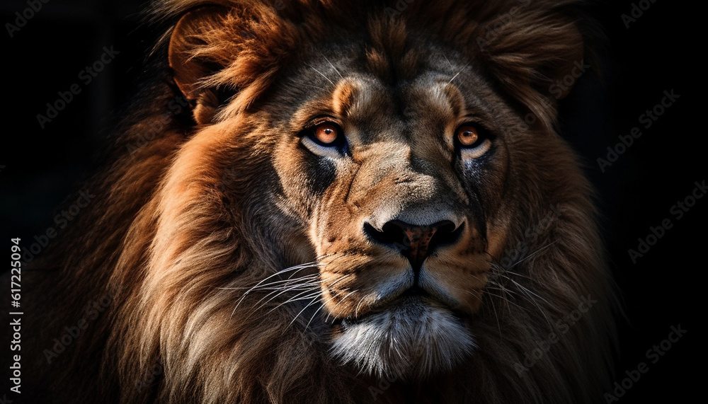 Majestic lion staring at camera, fur and mane in focus generated by AI