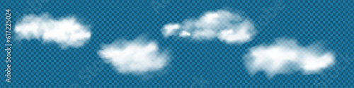 Realistic isolated cloud on transparent background. Vector set of realistic isolated fluffy clouds. Illustration of different types of cirrus and cumulus clouds. Vector.