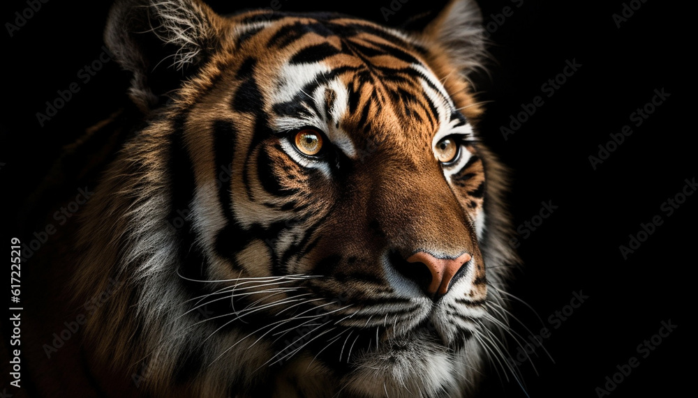 Majestic Bengal tiger staring with aggression, striped fur in focus generated by AI
