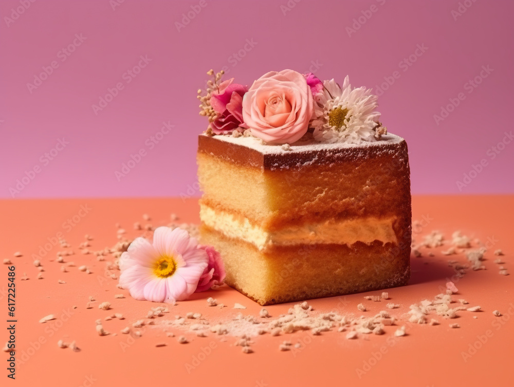 A piece of cake sitting on top of a table. Generative AI. Edible flowers as decoration. A piece of cake sitting on top of a table. Generative AI. Edible flowers as decoration.