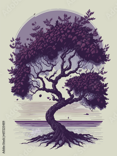 a drawing of a tree with a full moon in the background