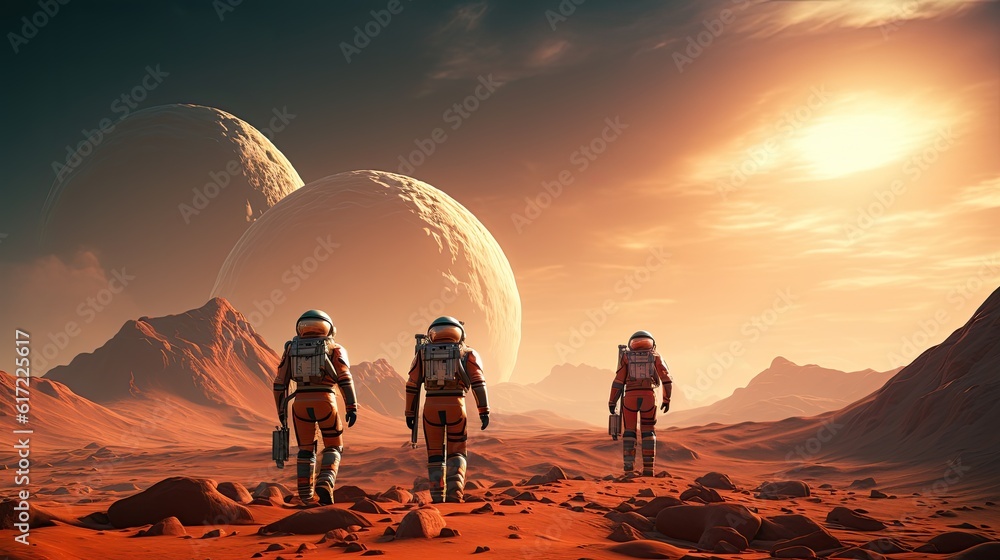 Astronauts on Mars, spacemen walking on red planet Astronauts on Mars, spacemen walking on red planet