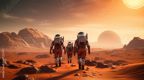 Astronauts on Mars, spacemen walking on red planet