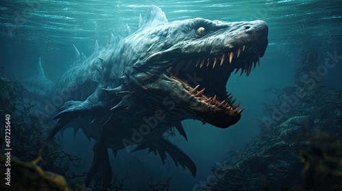 Sea monster open its mouth with teeth, fantasy underwater creature photo