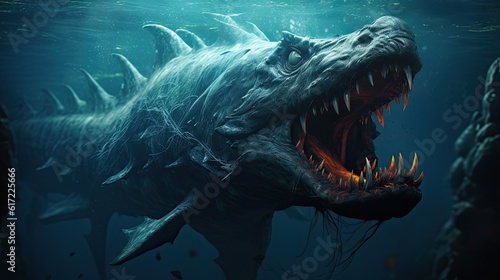Sea monster open its mouth with teeth, fantasy underwater creature © Adriana