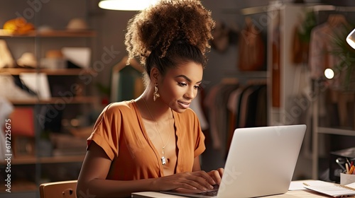 black woman writing in her laptop at her clothing store working on sales or delivery. Fashion, manager and worker.