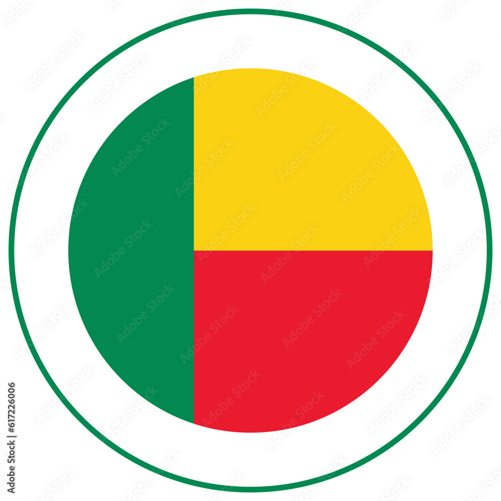 Benin flag in round circle design shape. Flag of Benin design shape Benin flag in round circle design shape. Flag of Benin design shape