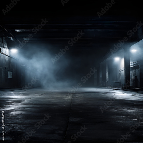 Dark street, asphalt abstract dark background, empty dark scene, neon light, spotlights The concrete floor and studio room with smoke float up the interior texture for display products, Night view 