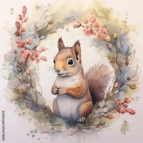 Cute squirrel cartoon in watercolor painting style © Fauziah