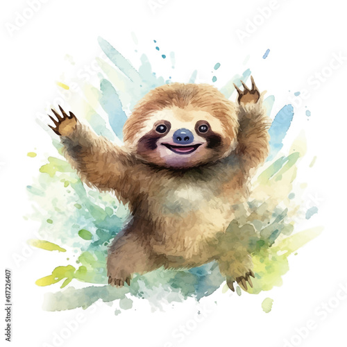 Cute baby sloth cartoon in watercolor painting style