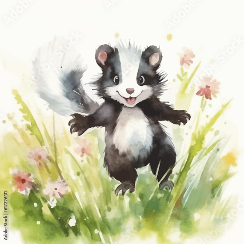 Cute skunk cartoon in watercolor painting style