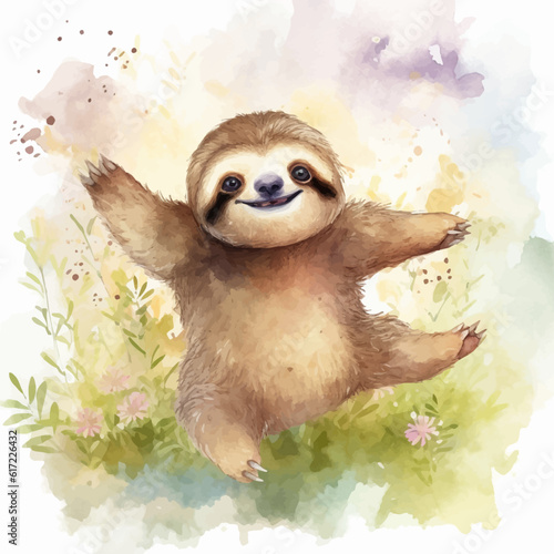 Cute baby sloth cartoon in watercolor painting style