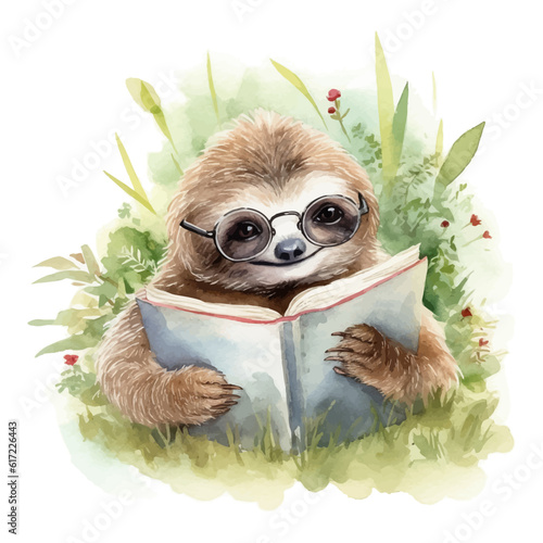 Cute sloth cartoon reading a book in the grass with watercolor painting style