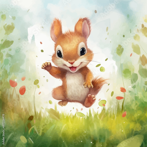 Cute squirrel cartoon in watercolor painting style © Fauziah