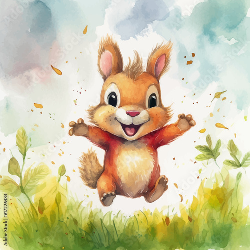Cute squirrel cartoon in watercolor painting style