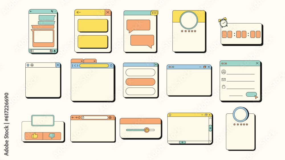 Set of retro user interface frame and box. Screen panels and dialog boxes for testimonial, chat, browser, feeds box. Set of retro user interface frame and box. Screen panels and dialog boxes for testimonial, chat, browser, feeds box.